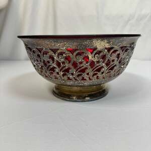 Vintage Ruby Red Plastic Liner Silverplate Pierced Lattice Fruit Bowl